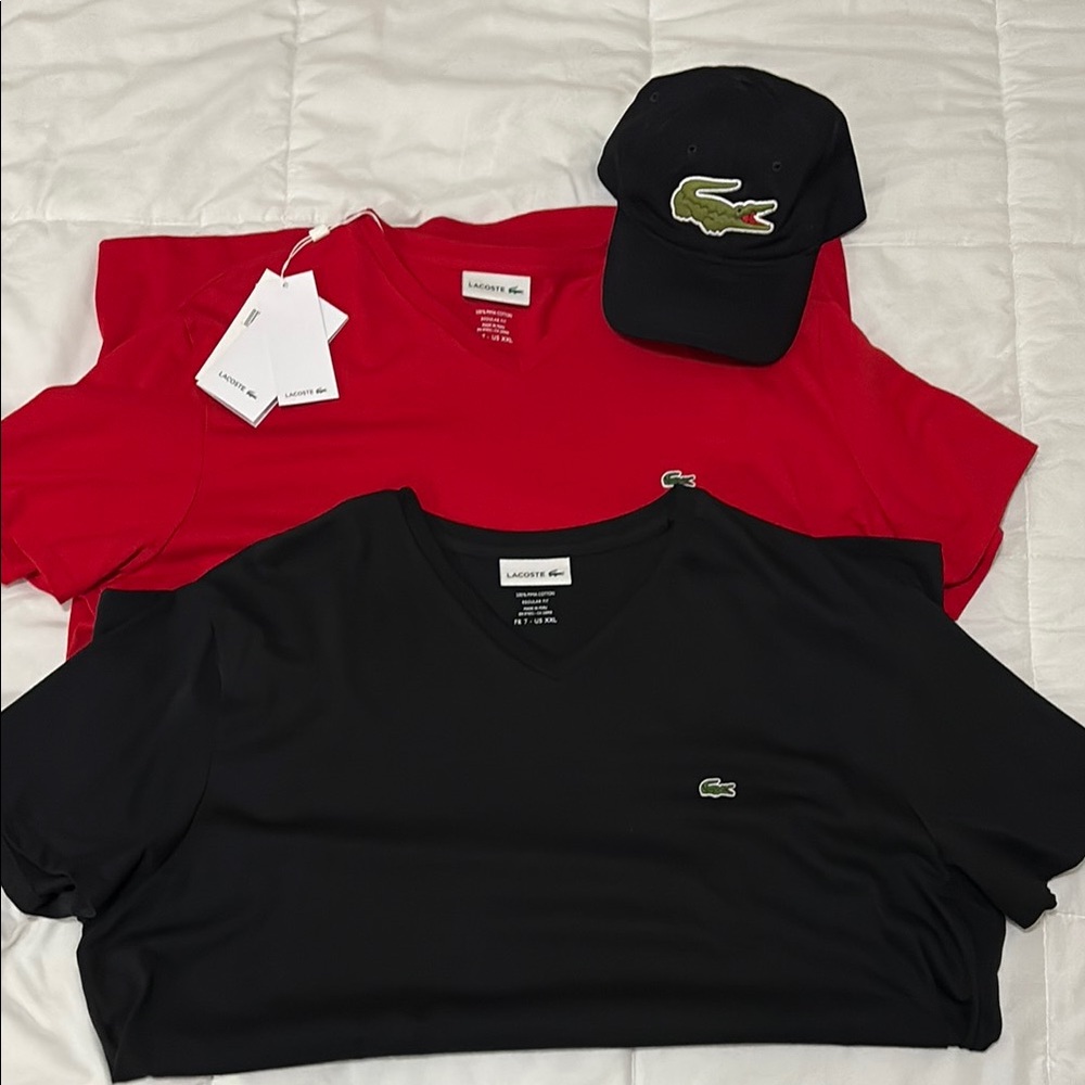 BRAND NEW Lacoste Short Sleeve Tees in Red and Black XXL with matching hat